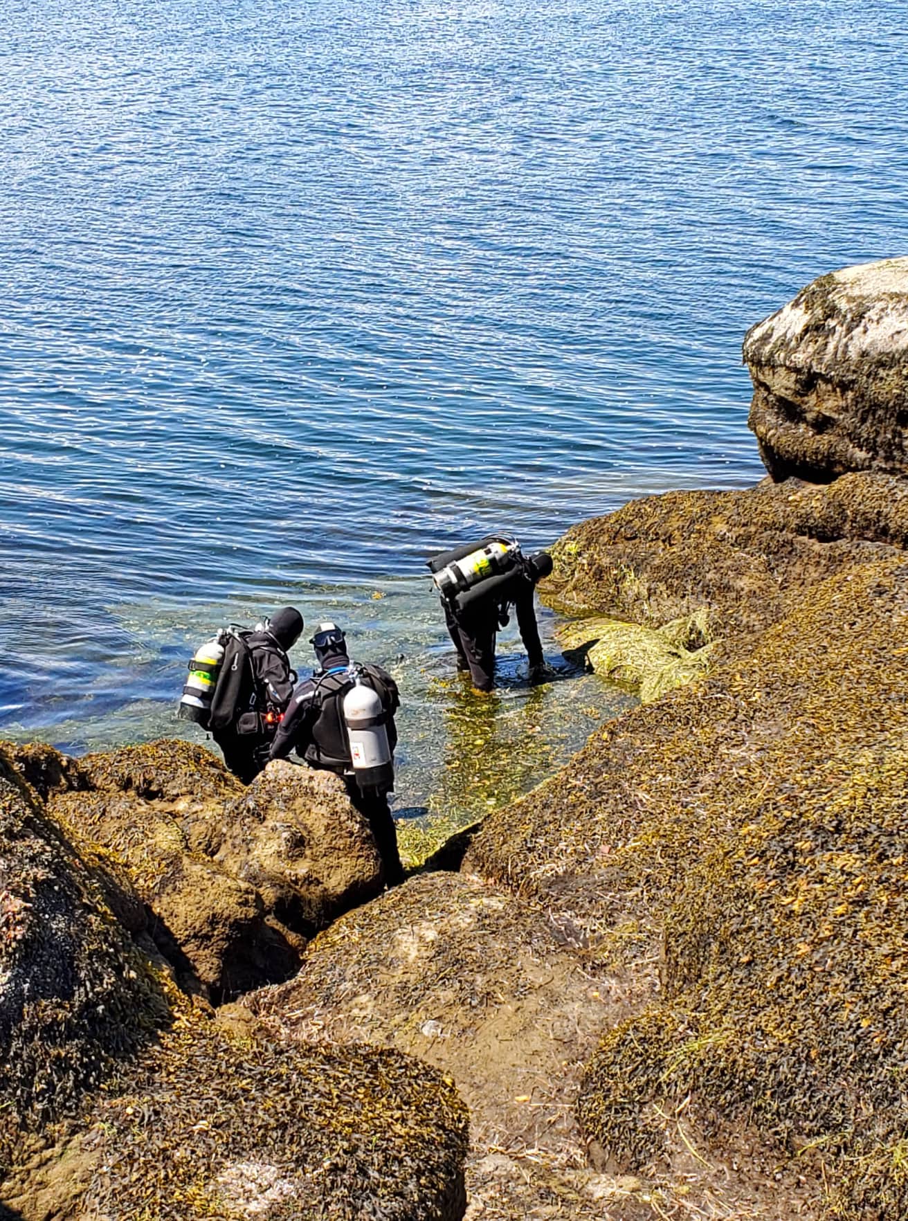 Two equipped scuba divers approach the water from a rocky shore line, led by their guide.